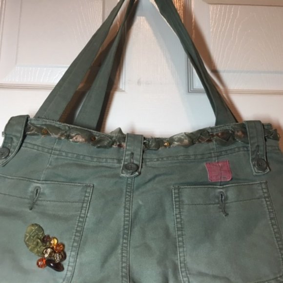 American Eagle Jean Fabric Olive Green Beads Lace Flowers Shoulder Bag Tote - Picture 6 of 16